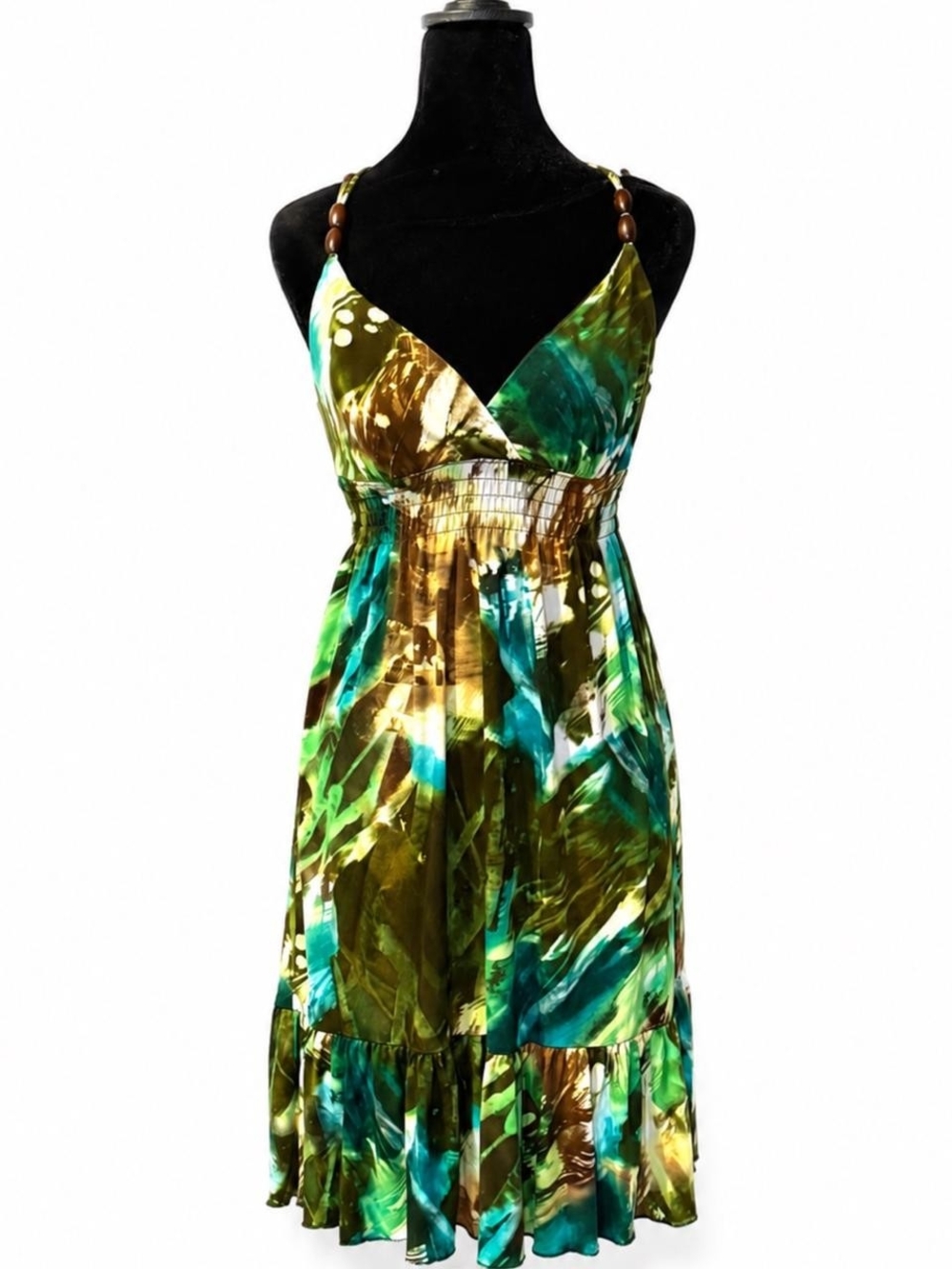 Y2K Vintage Beaded Boho Tropical Summer Dress Crisscross Back Green Brown 12"